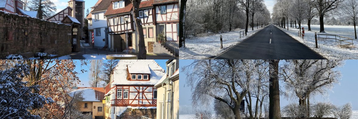 Man sieht 4 Bilder von Babenhausen im Winter.