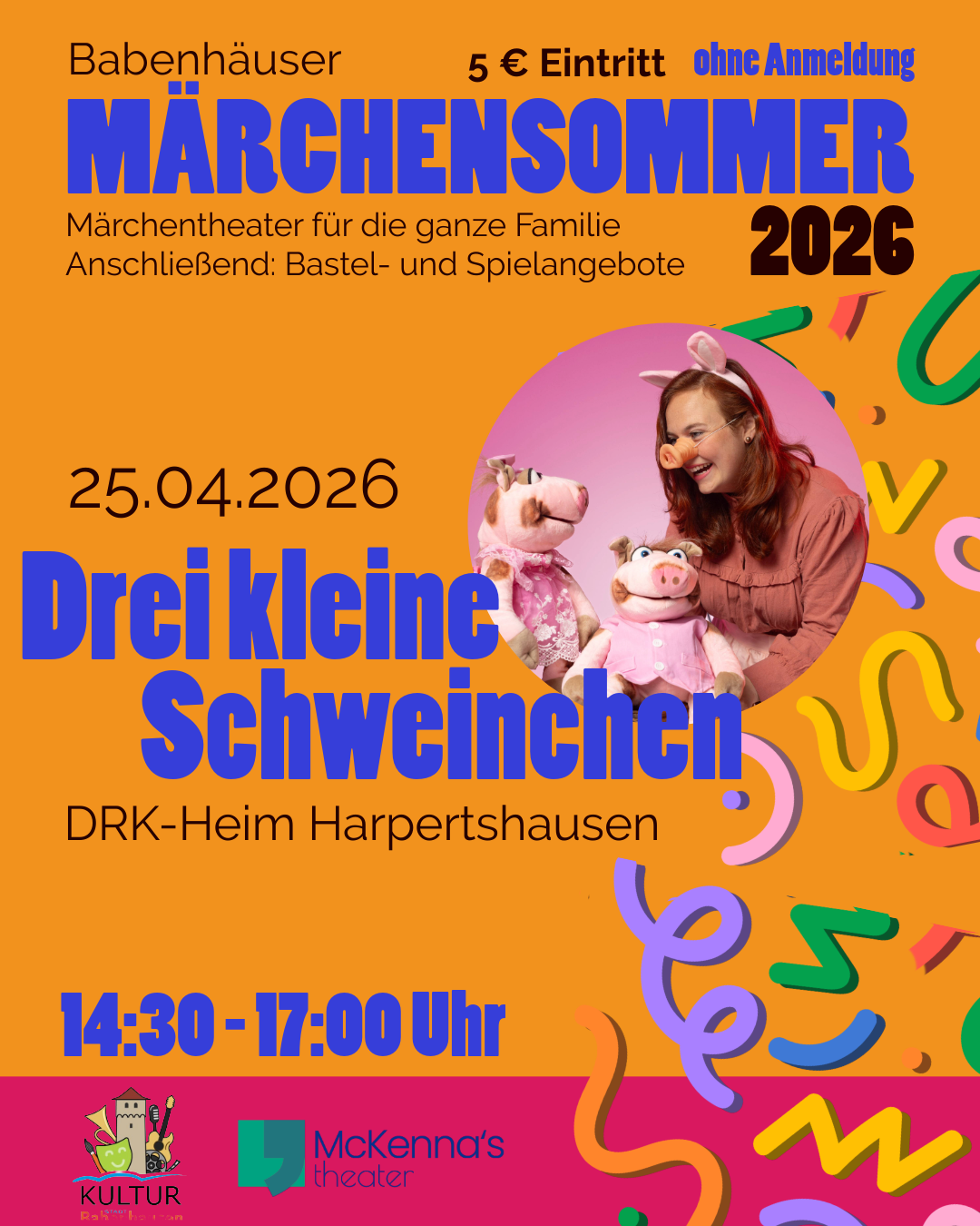 Flyer Aufführung "Drei kleine Schweinchen" am 25.04.26