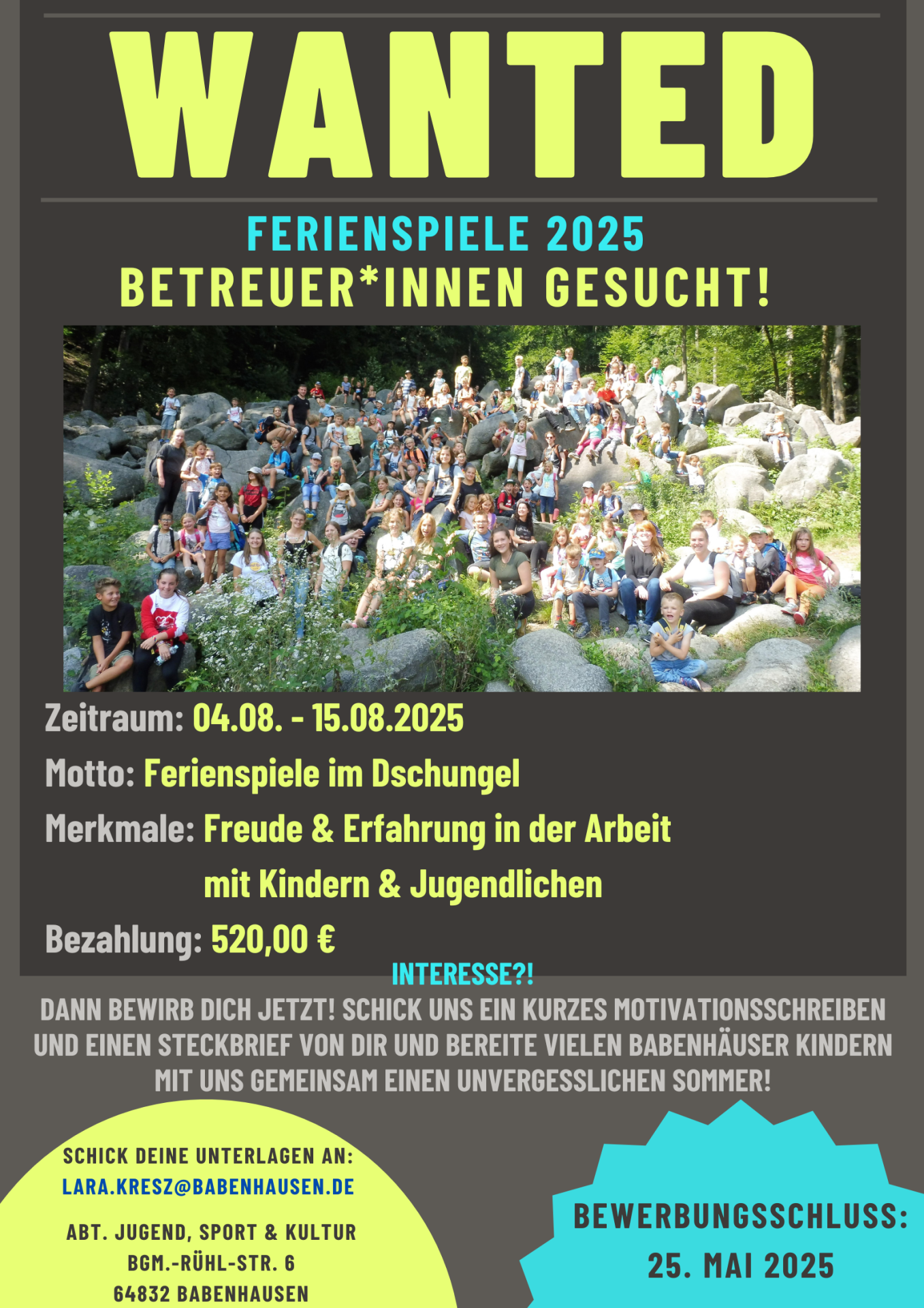 Betreuer gesucht 2024 - 1 Plakat - Betreuersuche Ferienspiele