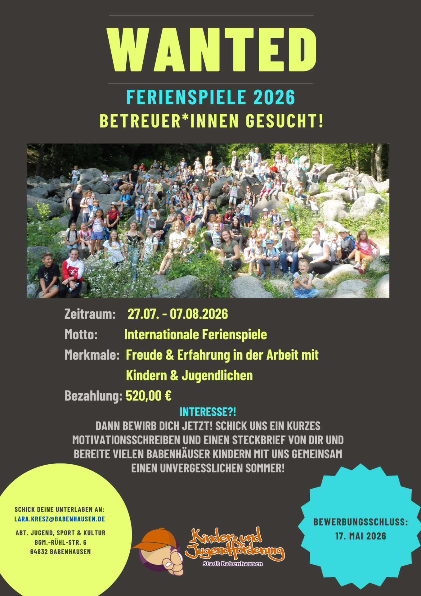 Auf dem Bild sieht man den Flyer für die Betreuersuche für die Ferienspiele