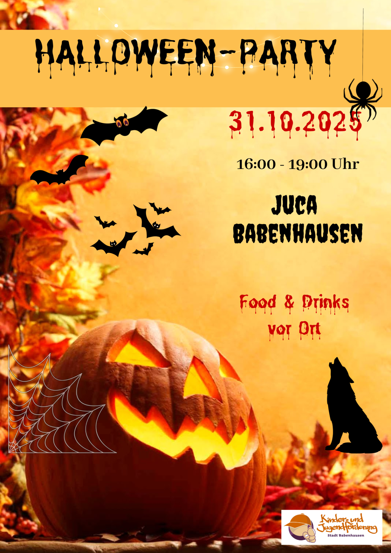Halloween flyer 2025 - 1 Flyer für das Event Halloween im Juca Babenhausen mit Fledermäusen und Kürbissen