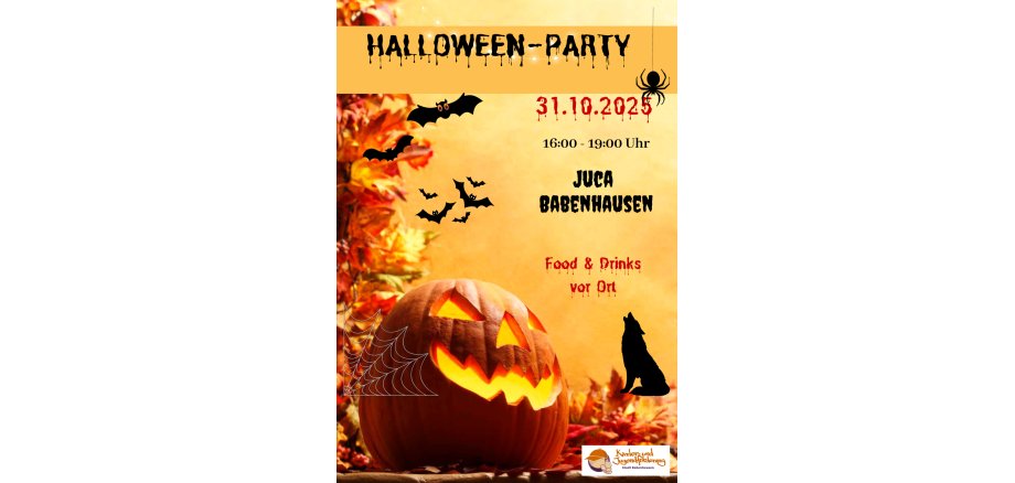 Flyer für das Event Halloween im Juca Babenhausen mit Fledermäusen und Kürbissen