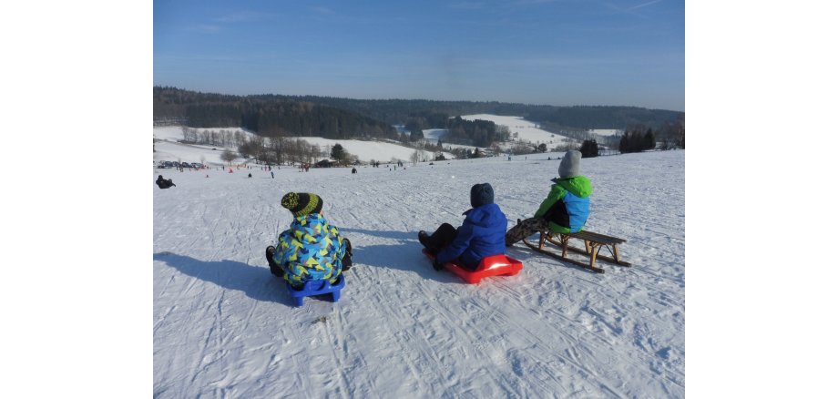 3 Personen auf einem Schlitten auf einem Hügel im Schnee