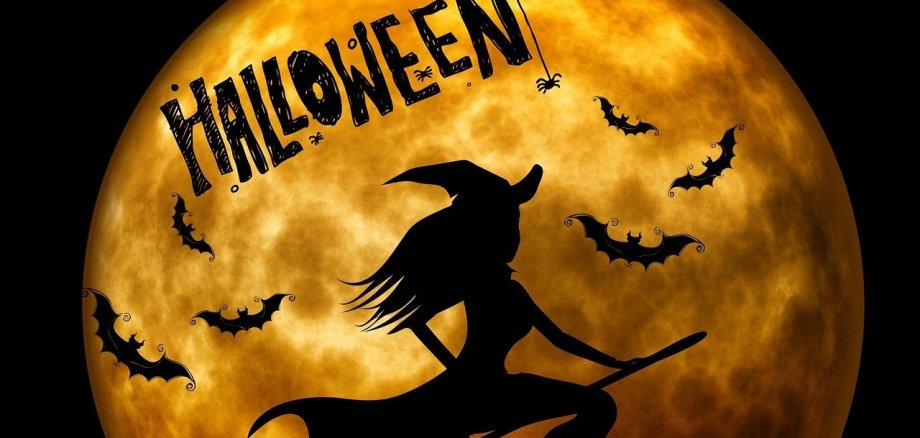 fliegende Hexe auf Besen vor dem Mond - Thema Halloween