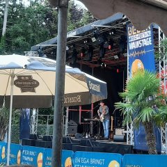 Man sieht einen Mann auf der Bühne des Beben Festivals singen.