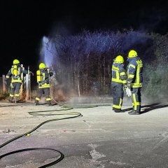 Man sieht mehrere Feuerwehrmänner, die einen Waldbrand löschen.