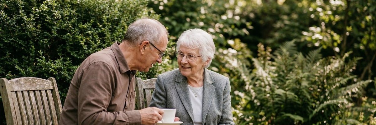 Auf dem Bild sieht man ein älteres Paar, Mann und Frau auf einer Parkbank.