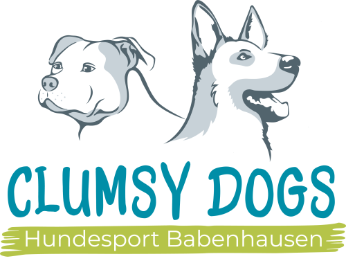 Man sieht das Logo des Clumsy Dogs Hundesport Babenhausen. Auf dem Logo ist eine Zeichnung von 2 Hunden zu sehen