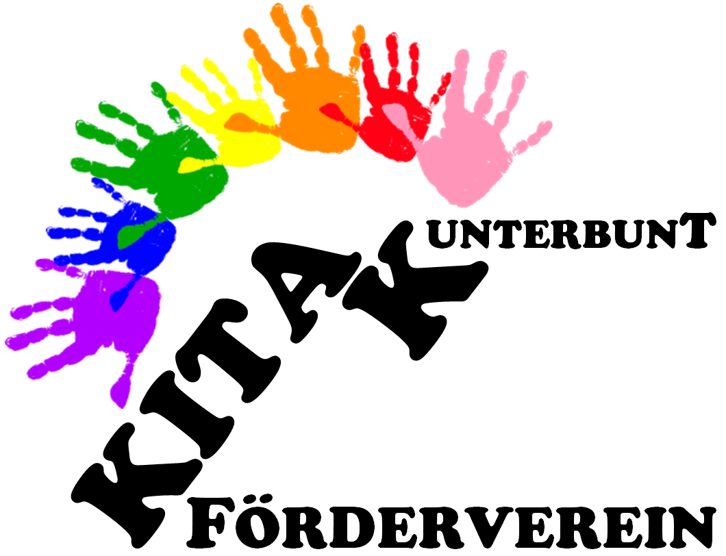Man sieht das Logo des Fördervereins Kita Kunterbunt. Auf dem Logo sieht man bunte Handabdrücke