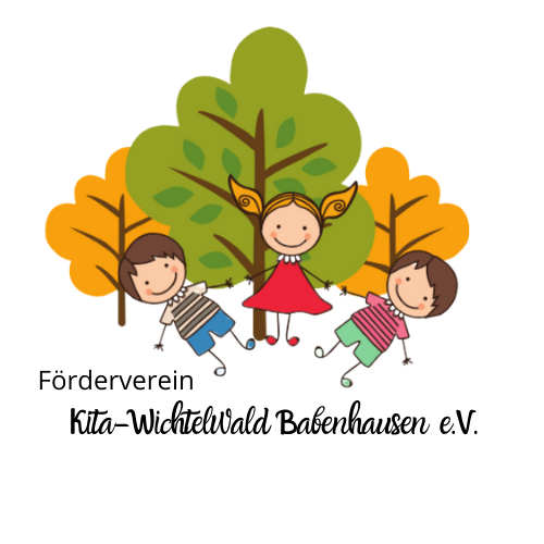 Auf dem Bild ist das Logo des Fördervereins Kita Wichtelwald zu erkennen. Man sieht eine Zeichnung von 3 Kindern und 3 Bäumen