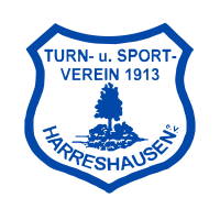 Man sieht ein blaues Wappen des Turn und Sportvereins Harreshausen. In der Mitte des Wappens ist ein Baum zu sehen