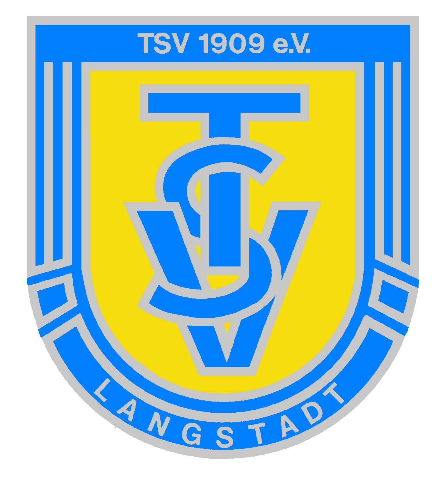 Man sieht ein blau-gelbes Wappen mit der Aufschrift TSV