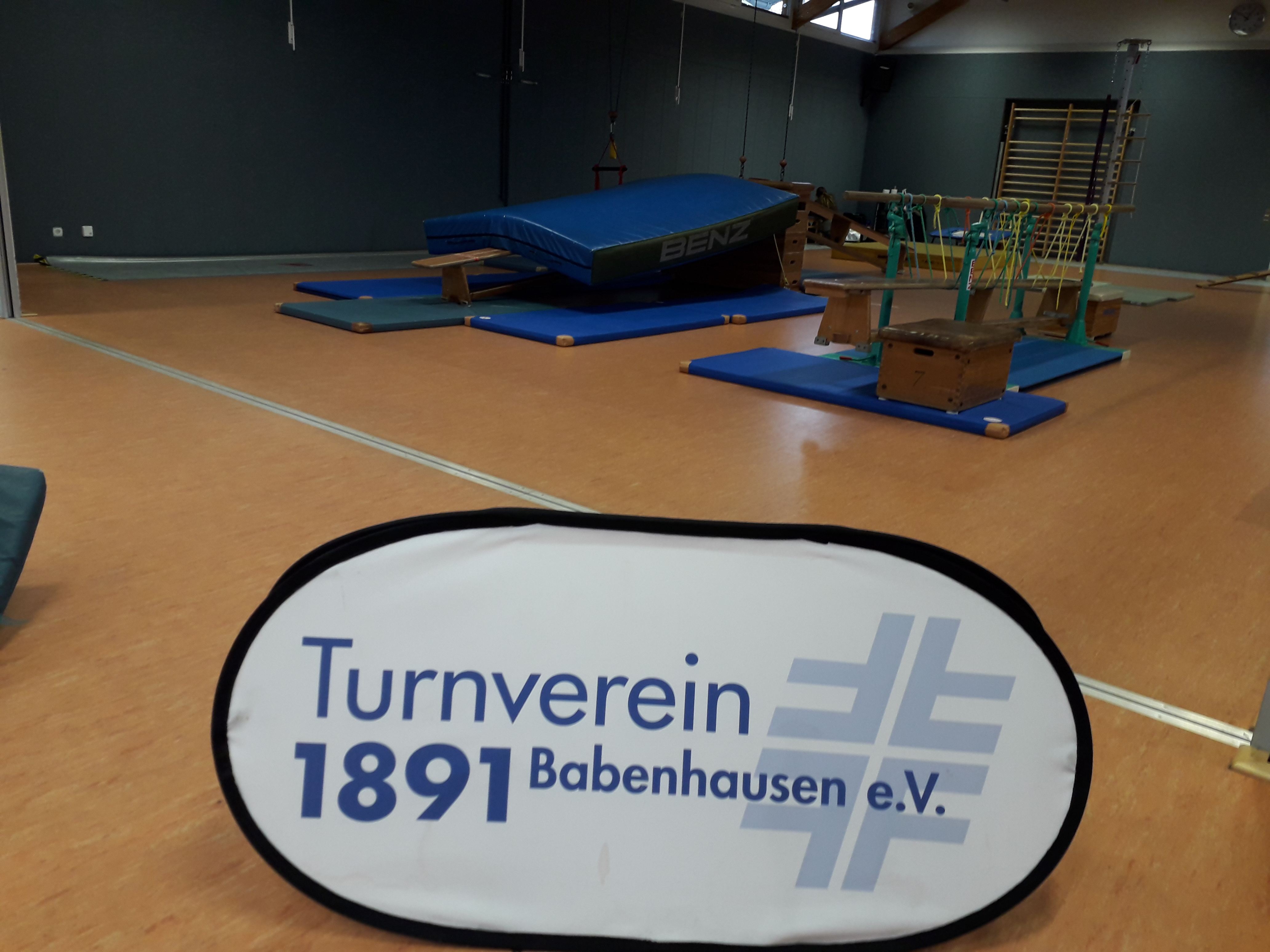 Man sieht das blaue Logo des Turnverein Babenhausen e.V. Im Hintergrund ist eine Sporthalle mit Matten.